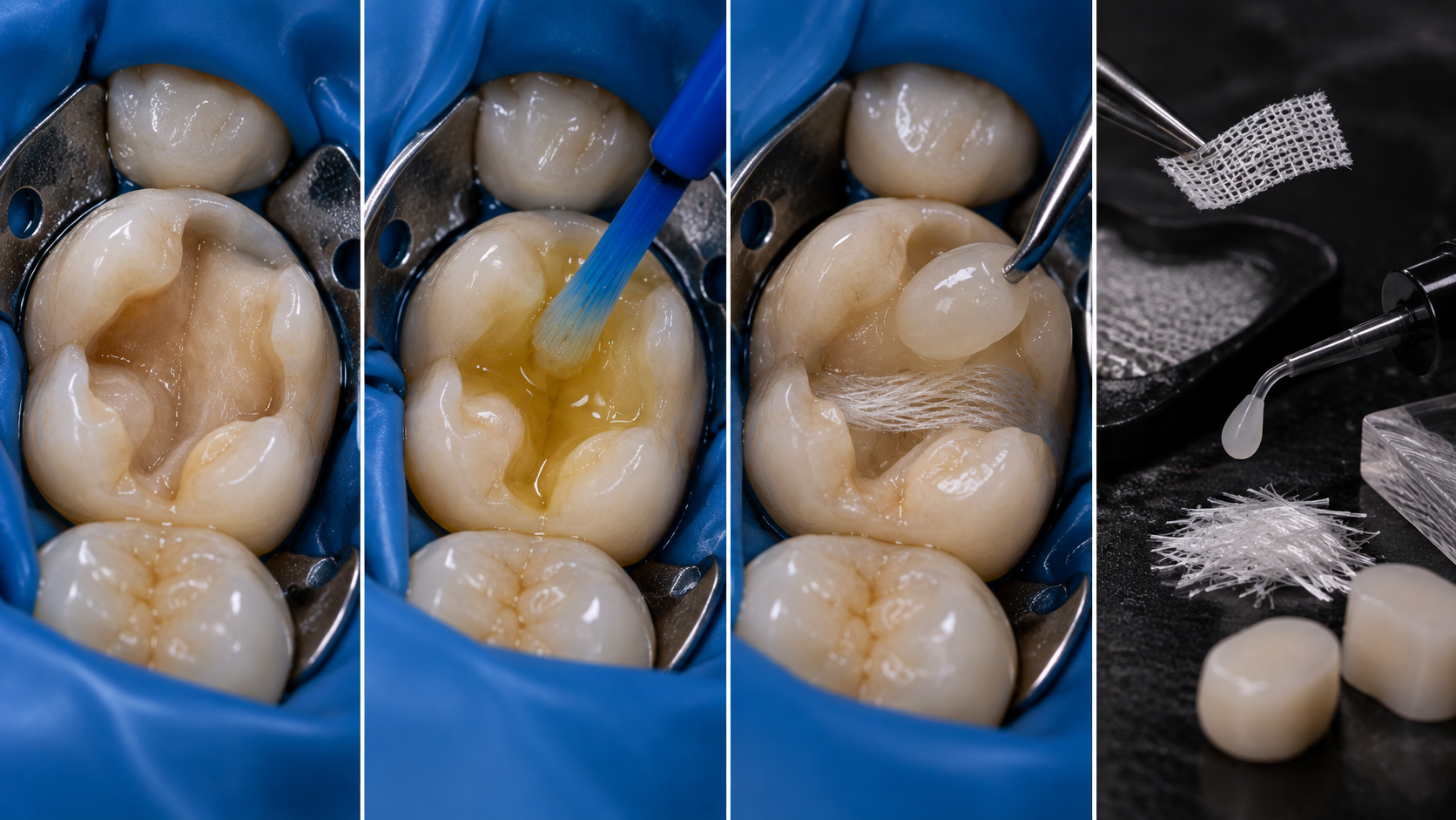 Secuencia clínica de aislamiento absoluto, aplicación adhesiva, reconstrucción con composite y biomateriales